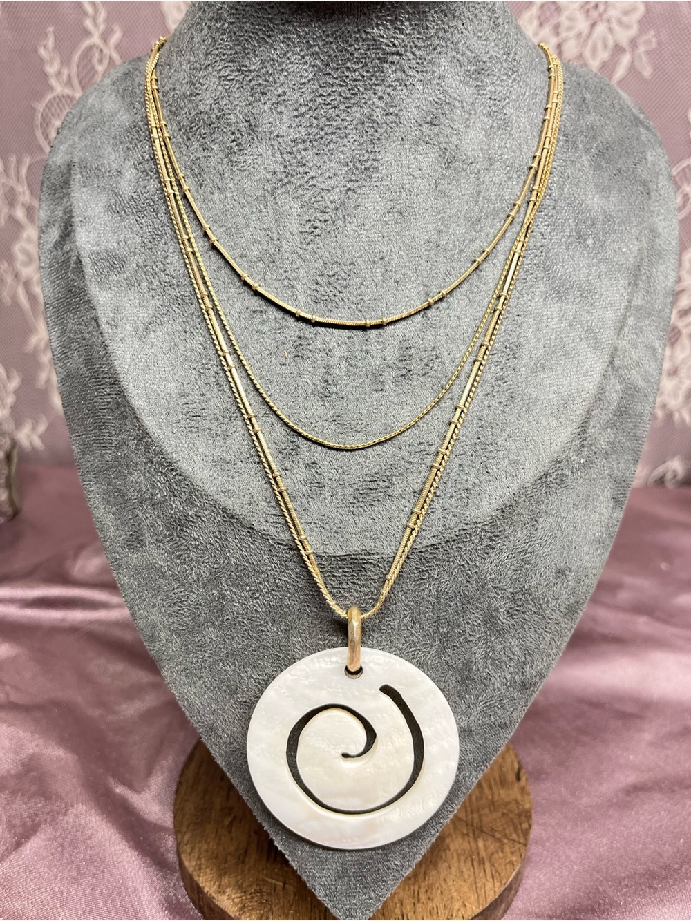 Sigrid Olsen Carved Mother-of-Pearl Spiral Necklace Gold Tone Vintage Signed